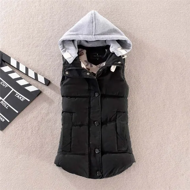 Pinky Is Black Autumn Winter Fashion Cotton Vest Women Patchwork Sleeveless Hooded Collar Casual Coat Colete Feminino Waistcoat