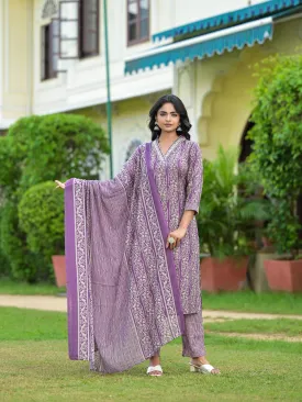 Purple Floral Printed Cotton Kurta Pant With Dupatta Set With Mirror & Thread Work