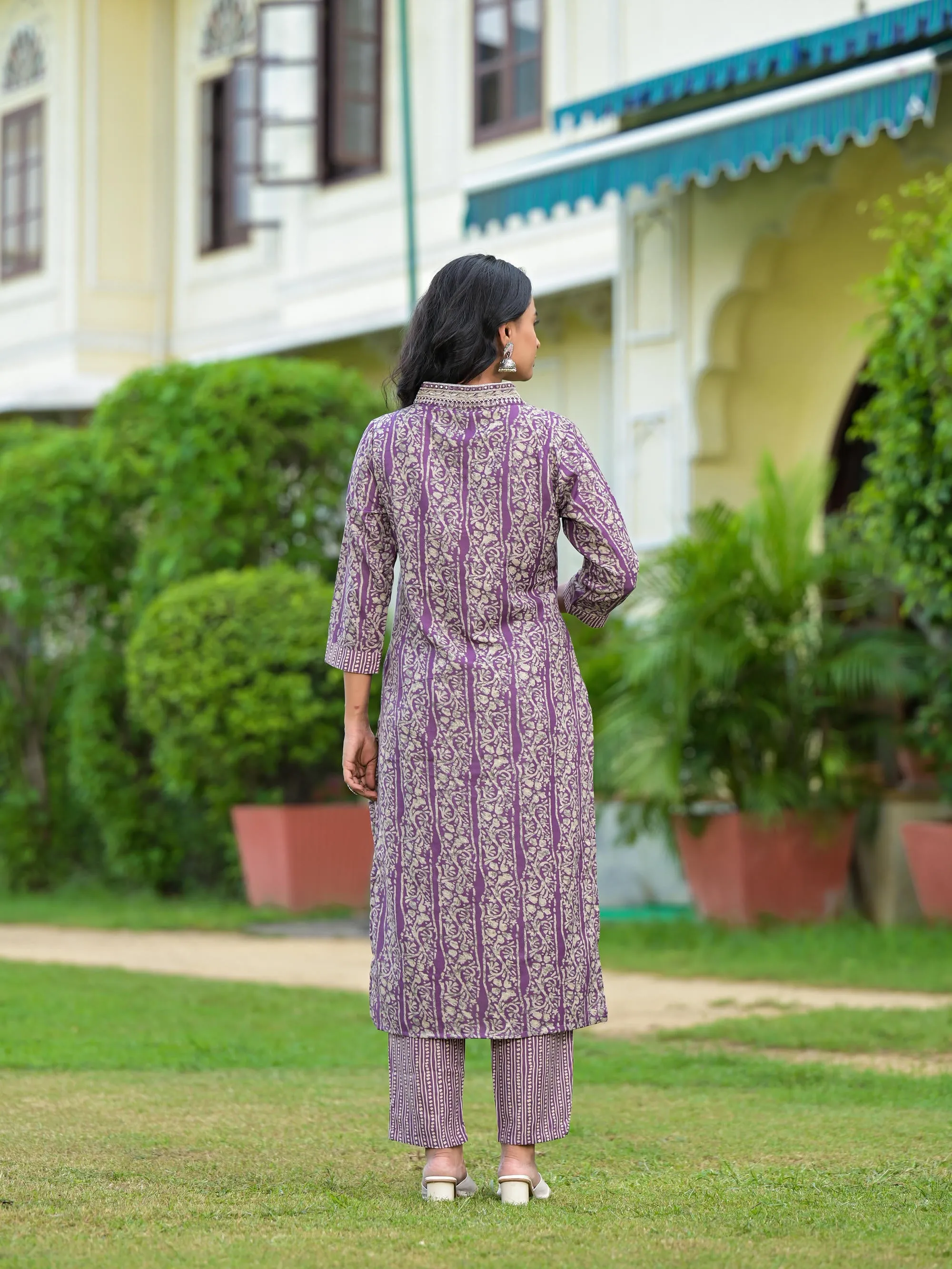 Purple Floral Printed Cotton Kurta Pant With Dupatta Set With Mirror & Thread Work