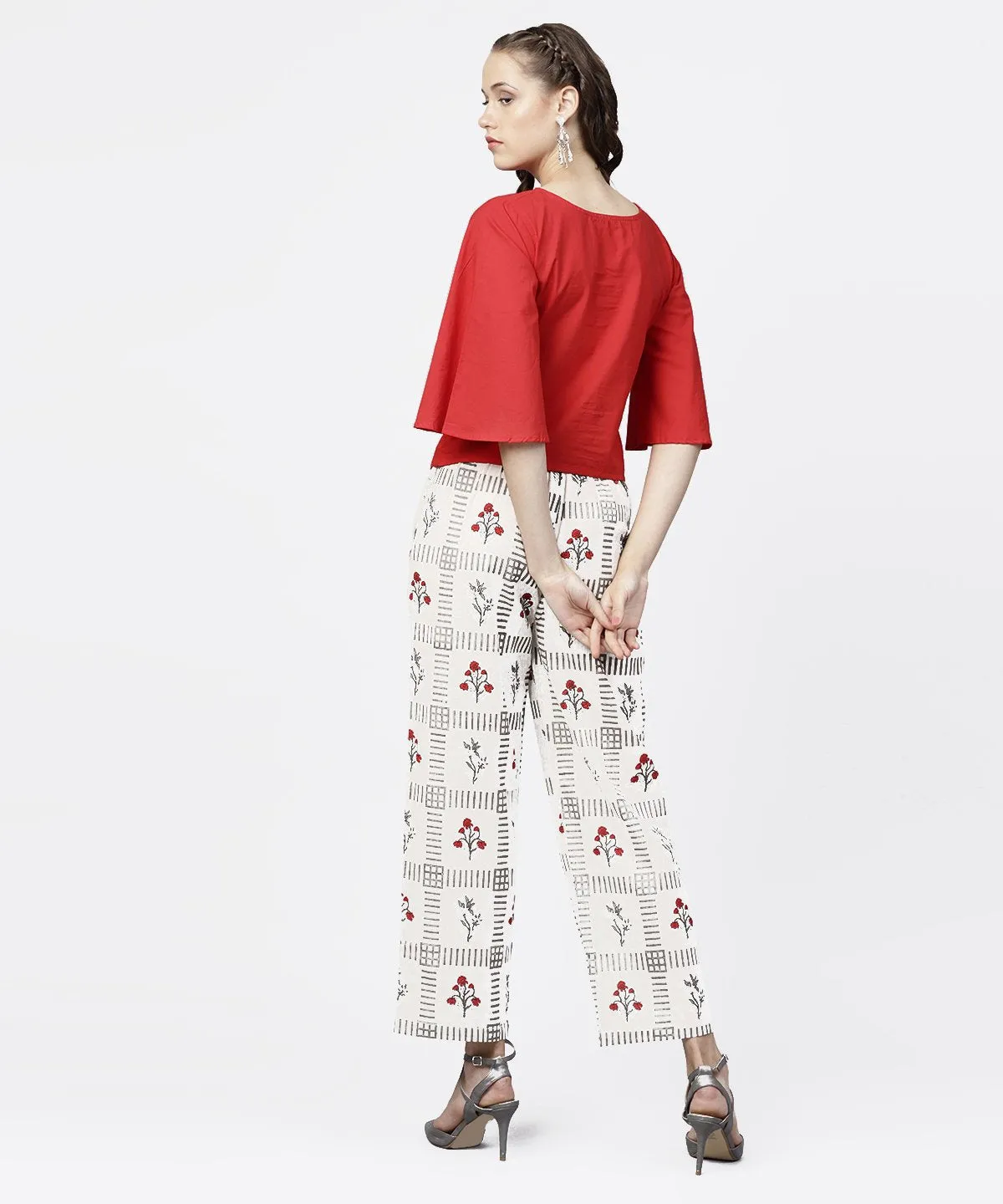 Red 3/4Th Sleeve Tops With Off White Printed Palazzo