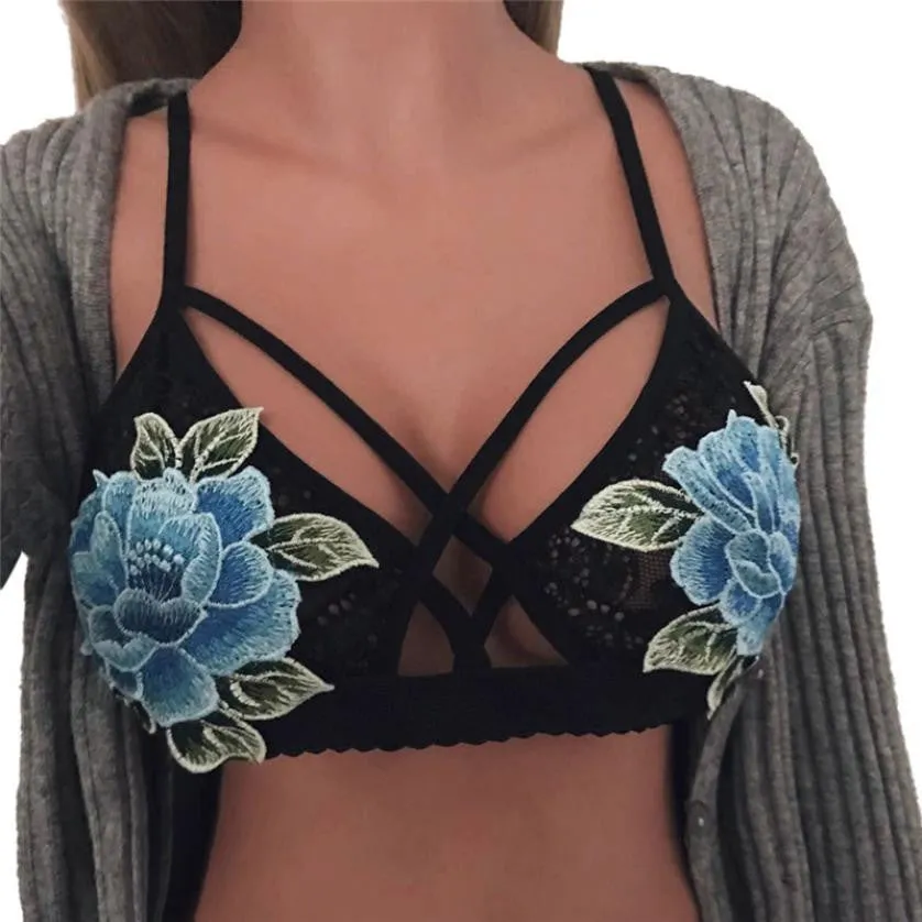 Rose Embroidered Women Bra Fashion Lace Floral Appliques Bralette Three Quarters Camis Unpadded Bra Wire Free