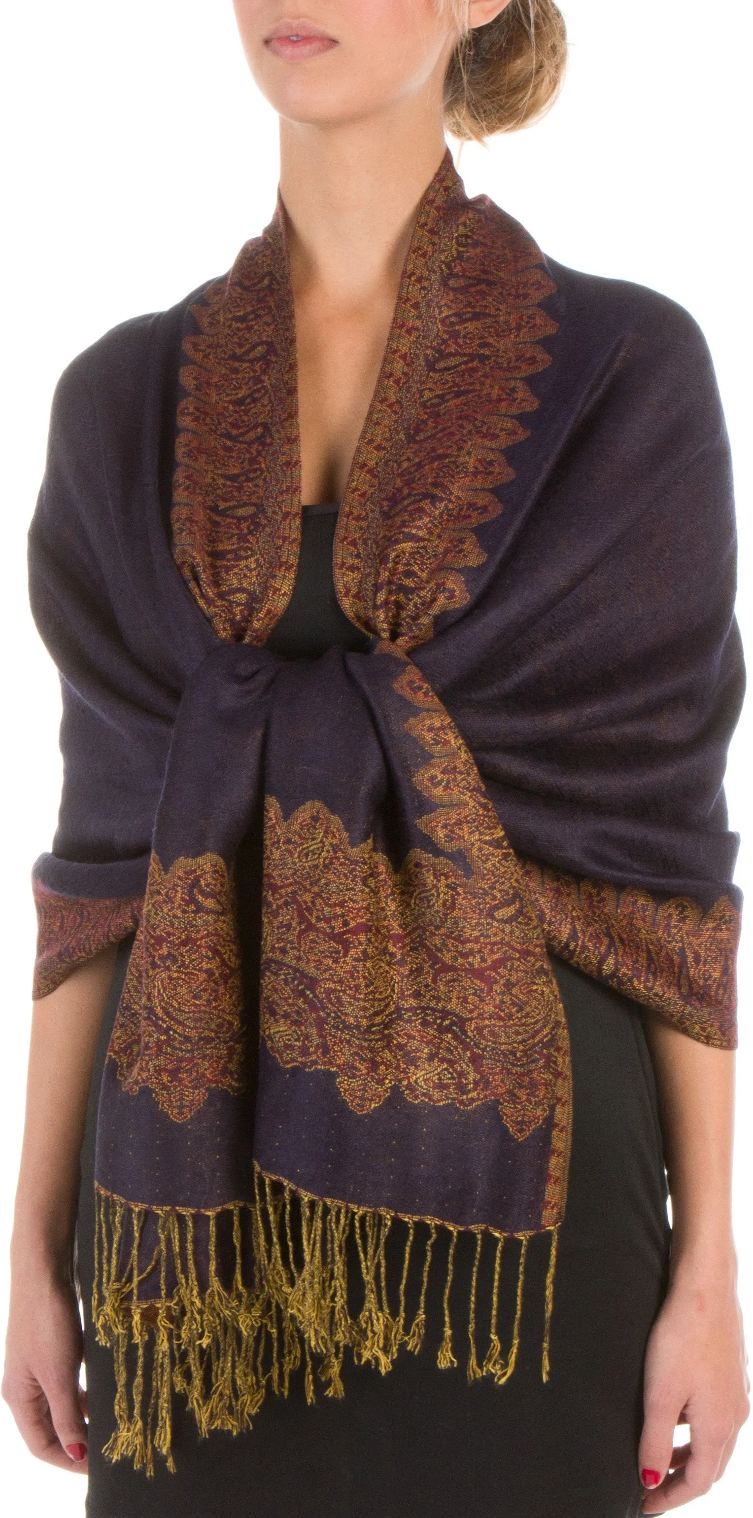 Sakkas 70" x 28" Border Pattern Layered Woven Pashmina Shawl Scarf Wrap Stole