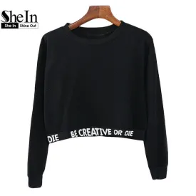 SheIn 2016 Women's Casual Pullovers Fashion Tops Round Neck Long Sleeve Black Letters Printed Cropped Sweatshirt