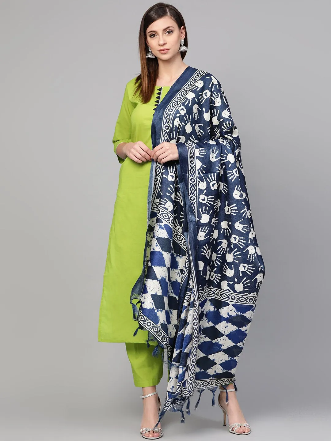 Solid Green Silver Gota Detailing Straight Kurta With Triangled Detailing On The Yoke Along With The Solid Green Pants And Quirky Printed Navy Blue Dupatta