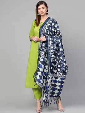 Solid Green Silver Gota Detailing Straight Kurta With Triangled Detailing On The Yoke Along With The Solid Green Pants And Quirky Printed Navy Blue Dupatta