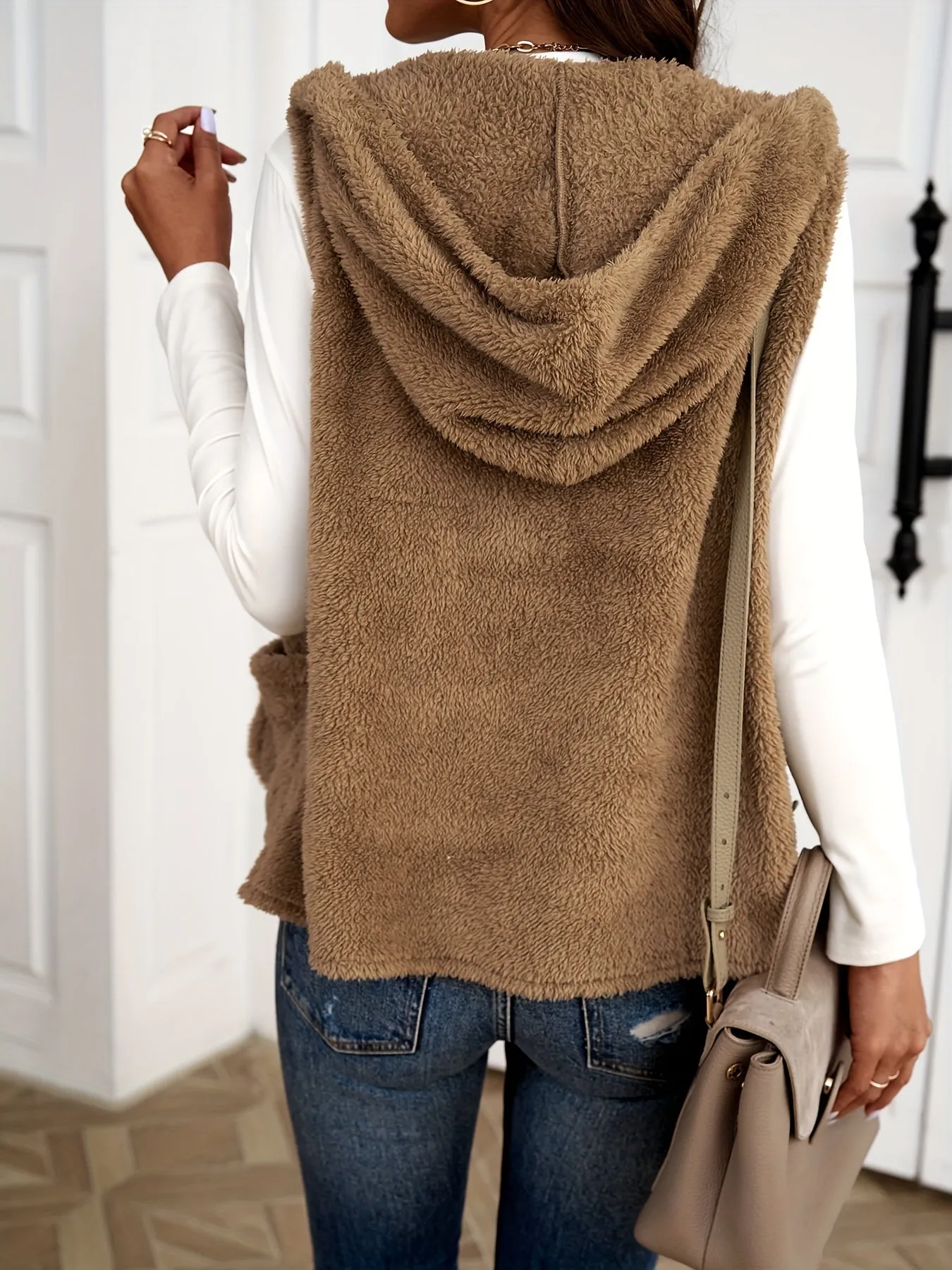 Solid Open Front Sleeveless Teddy Hoodie, Casual Dual Pockets Hoodie Vest Jacket, Women's Clothing