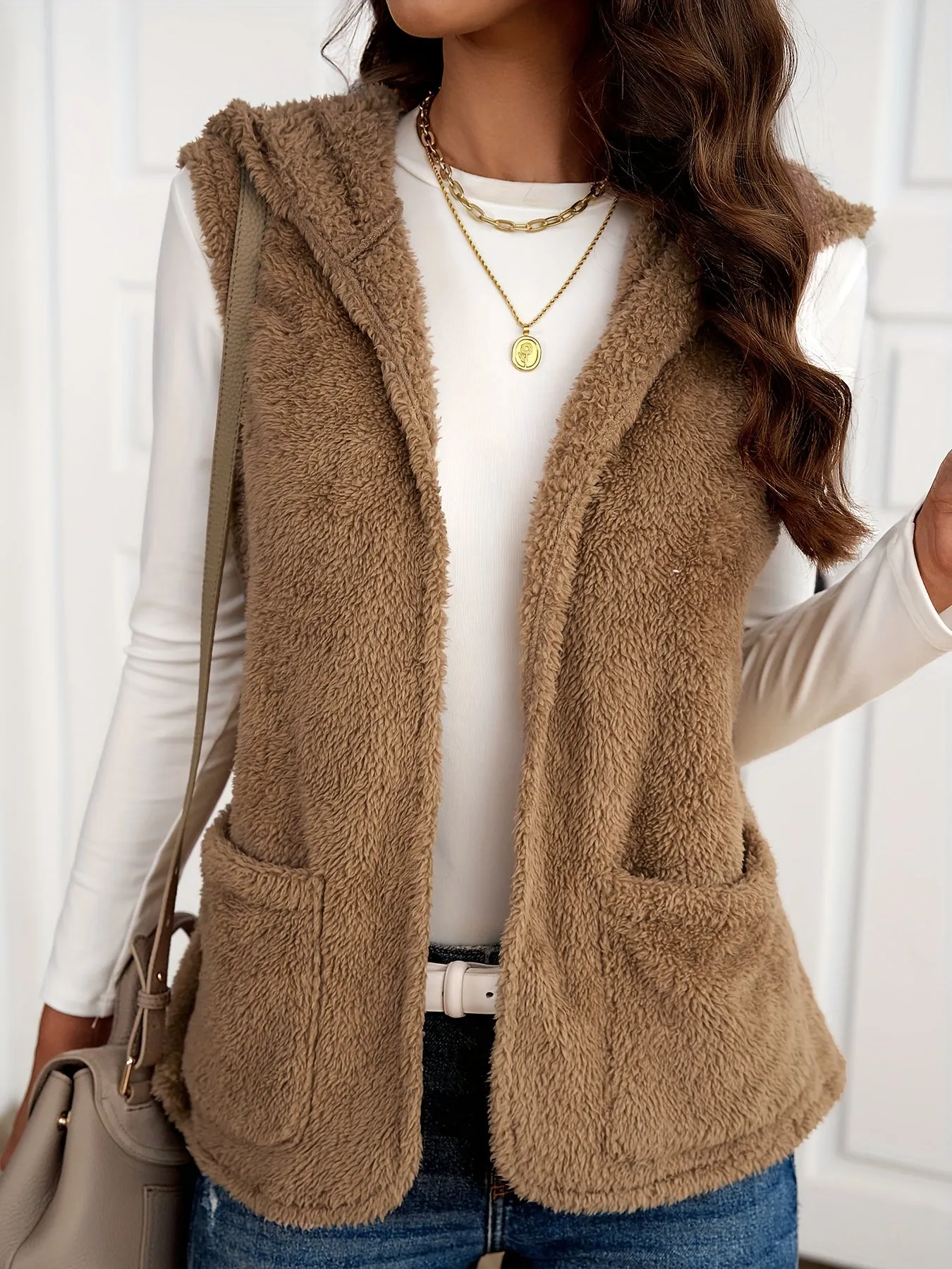 Solid Open Front Sleeveless Teddy Hoodie, Casual Dual Pockets Hoodie Vest Jacket, Women's Clothing