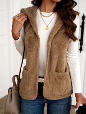 Solid Open Front Sleeveless Teddy Hoodie, Casual Dual Pockets Hoodie Vest Jacket, Women's Clothing