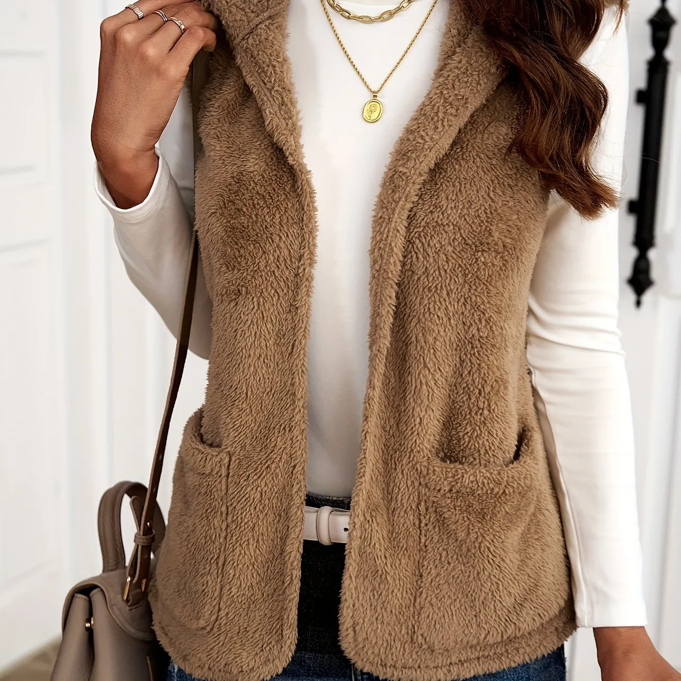 Solid Open Front Sleeveless Teddy Hoodie, Casual Dual Pockets Hoodie Vest Jacket, Women's Clothing