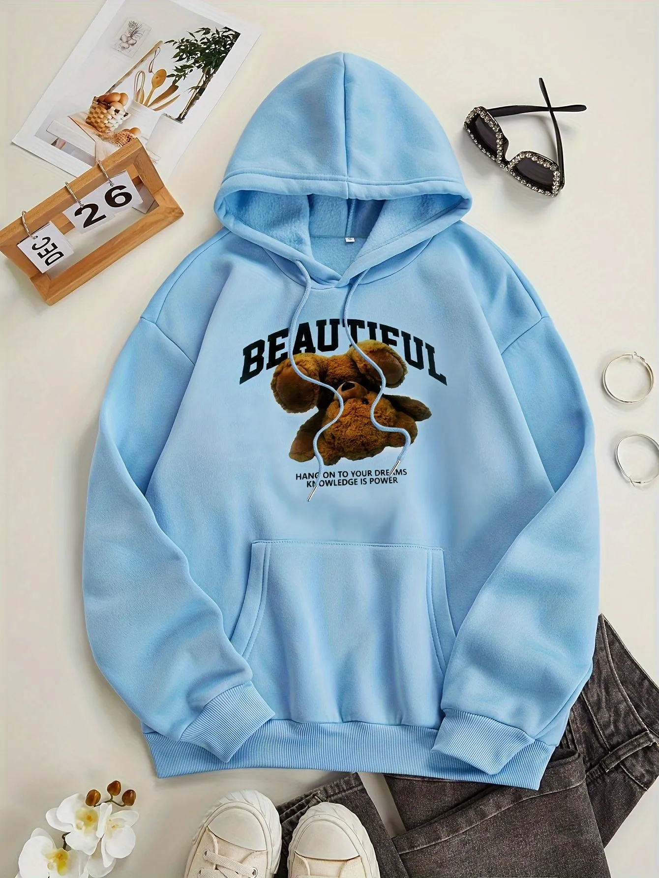 Stylish Womens Bear Print Hoodie with Kangaroo Pocket