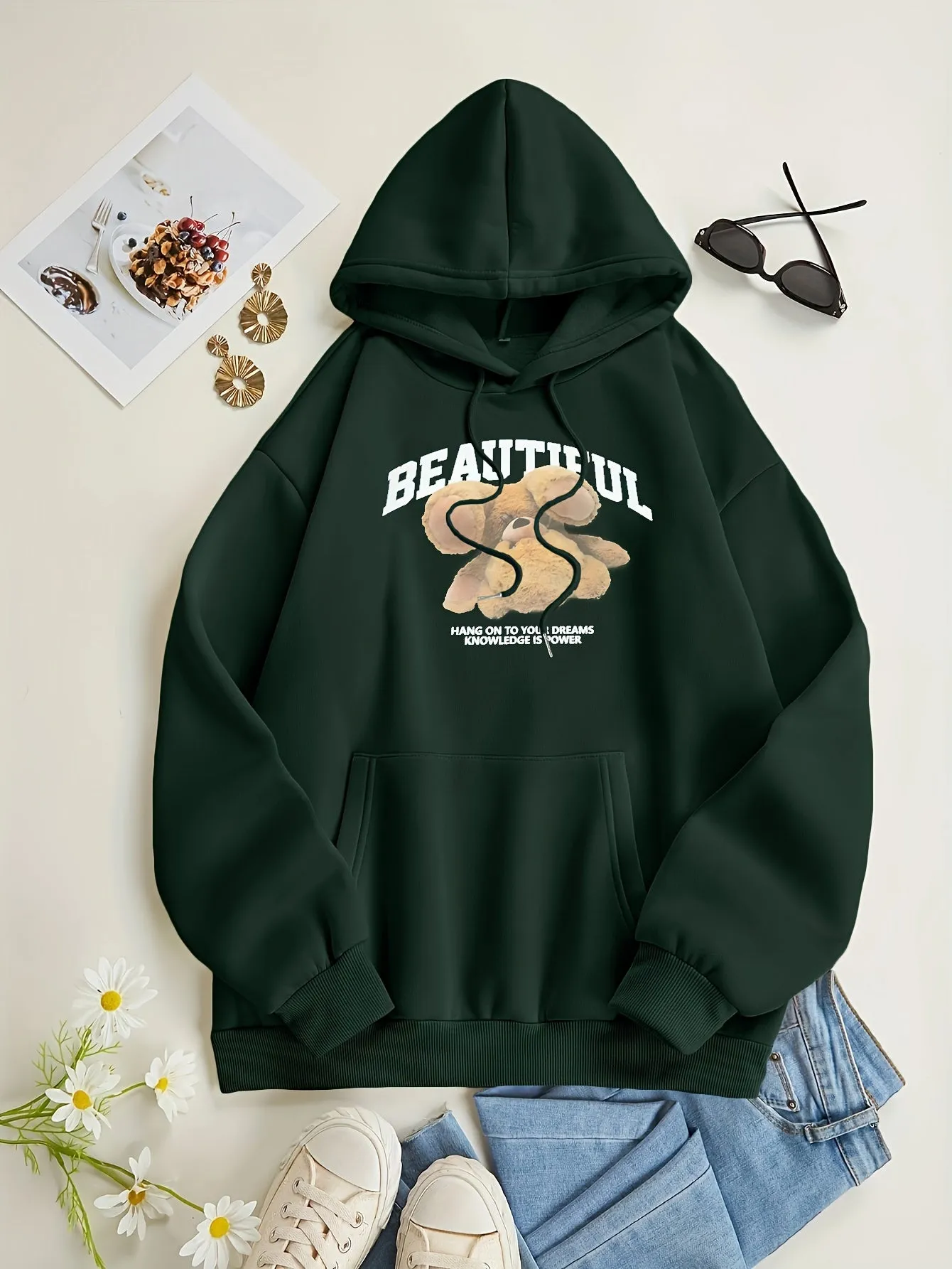 Stylish Womens Bear Print Hoodie with Kangaroo Pocket