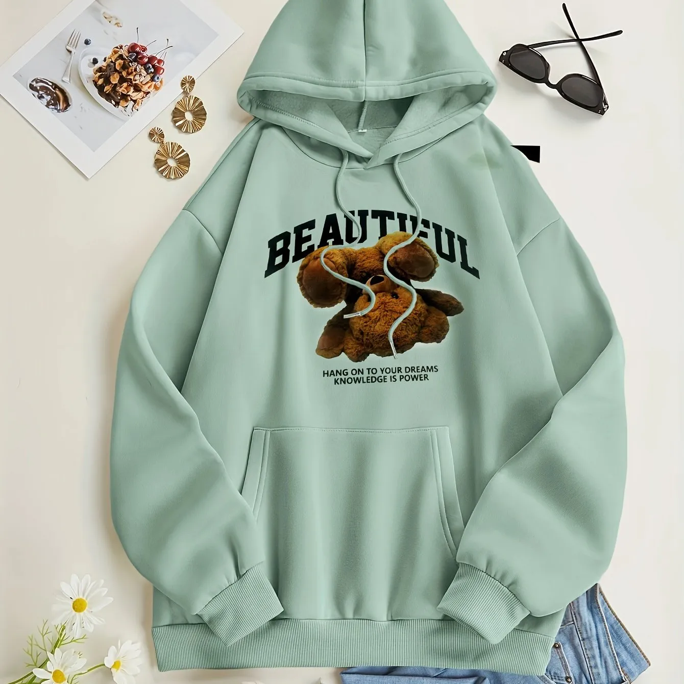 Stylish Womens Bear Print Hoodie with Kangaroo Pocket