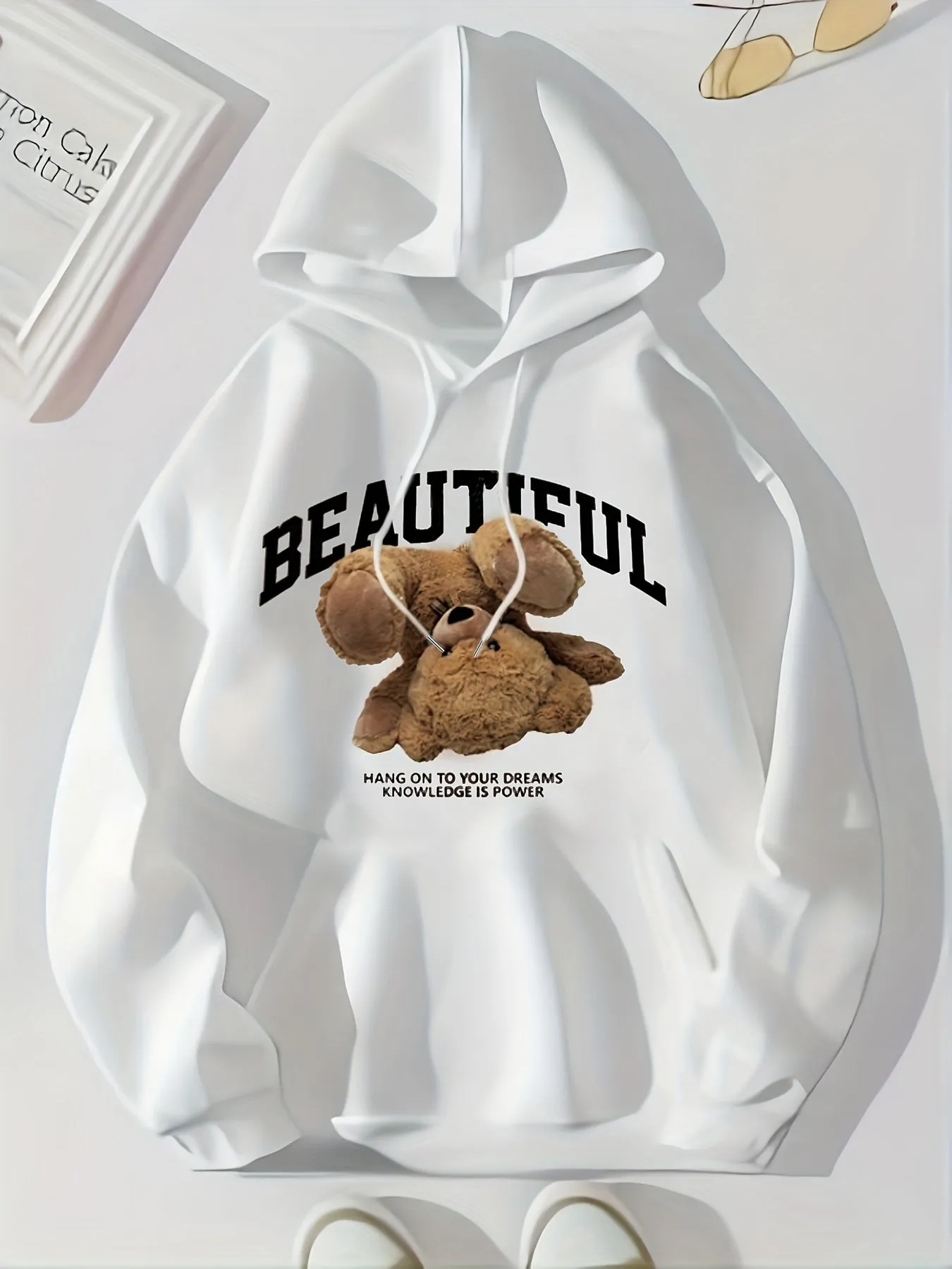 Stylish Womens Bear Print Hoodie with Kangaroo Pocket