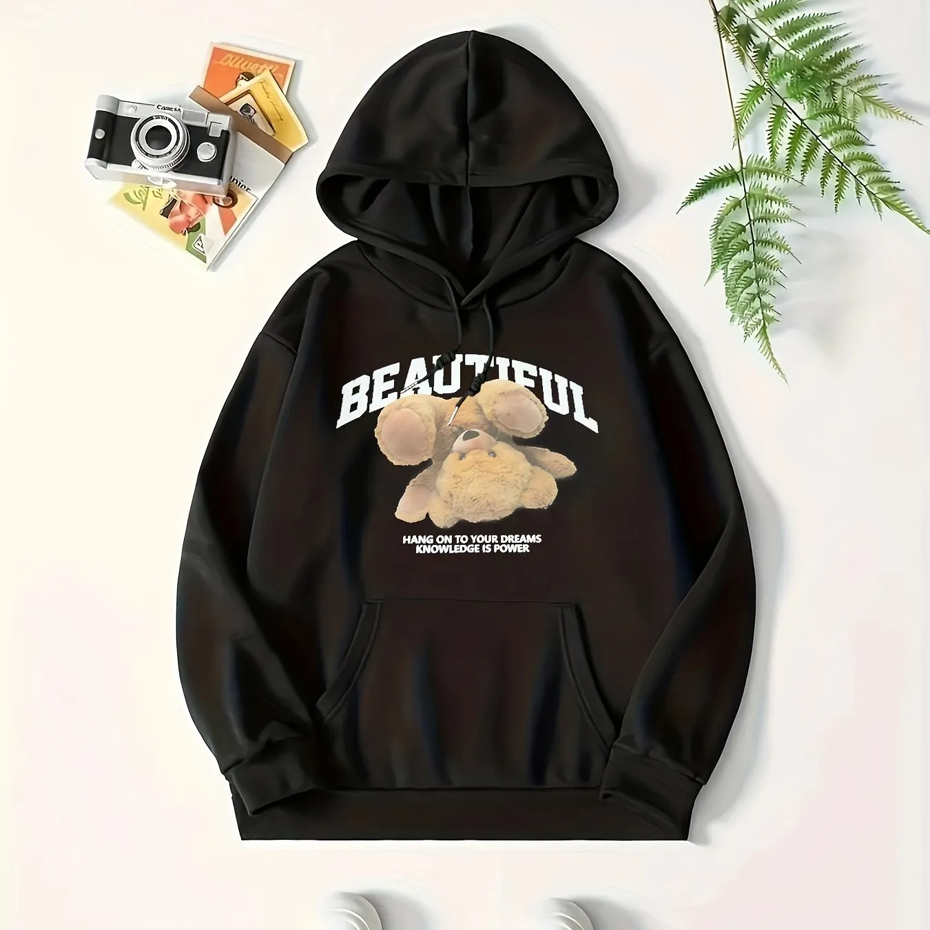 Stylish Womens Bear Print Hoodie with Kangaroo Pocket