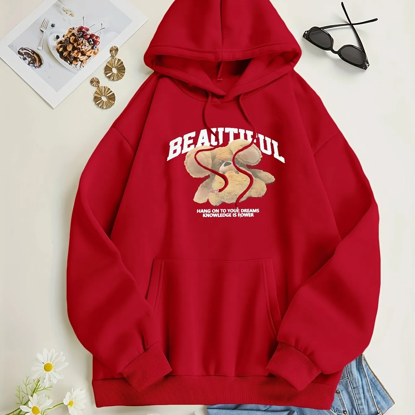 Stylish Womens Bear Print Hoodie with Kangaroo Pocket