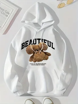 Stylish Womens Bear Print Hoodie with Kangaroo Pocket