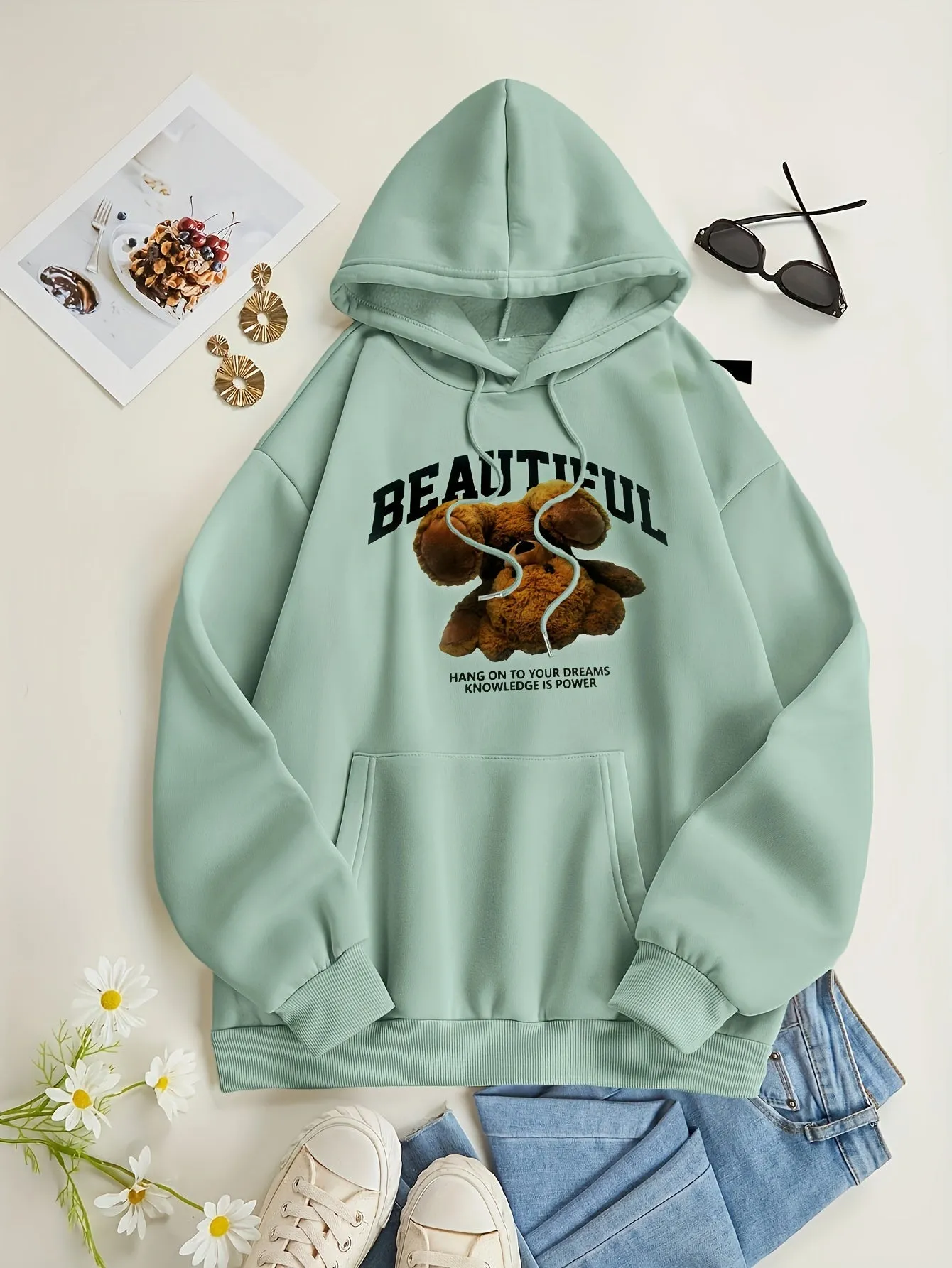 Stylish Womens Bear Print Hoodie with Kangaroo Pocket