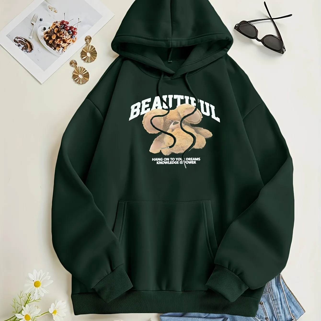 Stylish Womens Bear Print Hoodie with Kangaroo Pocket