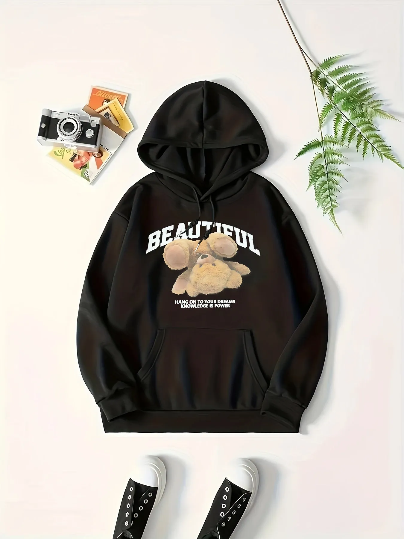 Stylish Womens Bear Print Hoodie with Kangaroo Pocket