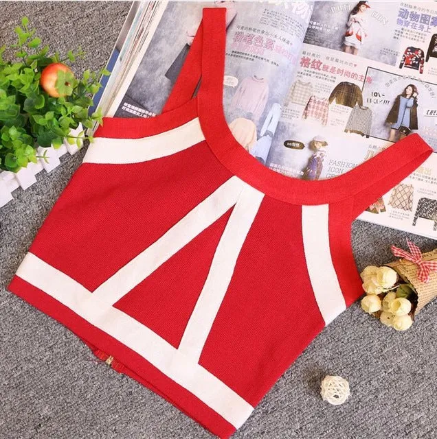 Summer Women Fashion Slim Knitting Tank Crop Tops Female Bodycon Knitted Camisole Sleeveless Short Geometric T shirts  8201