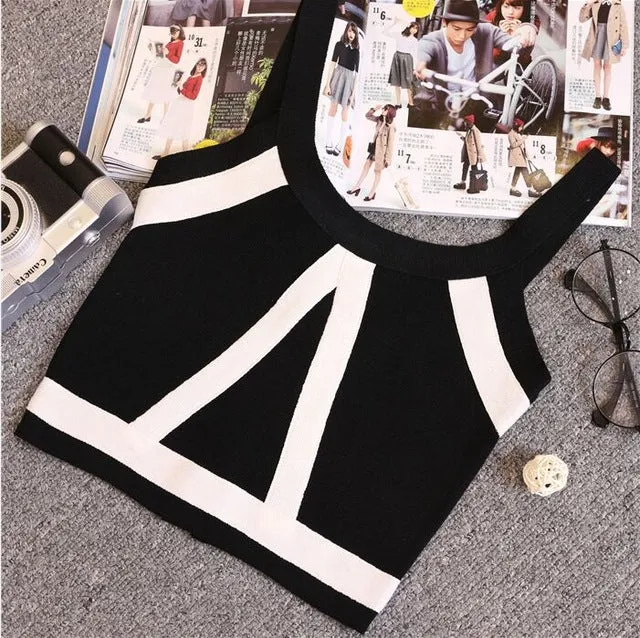 Summer Women Fashion Slim Knitting Tank Crop Tops Female Bodycon Knitted Camisole Sleeveless Short Geometric T shirts  8201