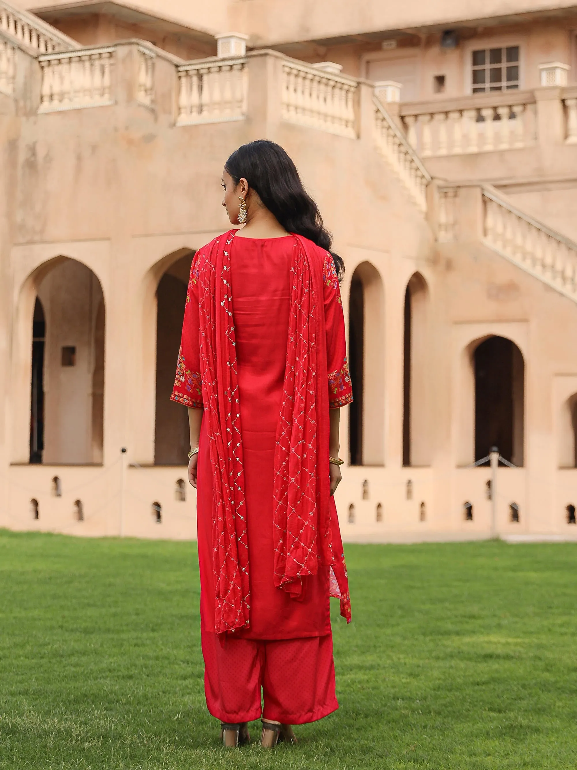 The Dholitaro Orange Floral Printed Viscose Kurta Pant And Dupatta With Thread& Sequins Work And Coins