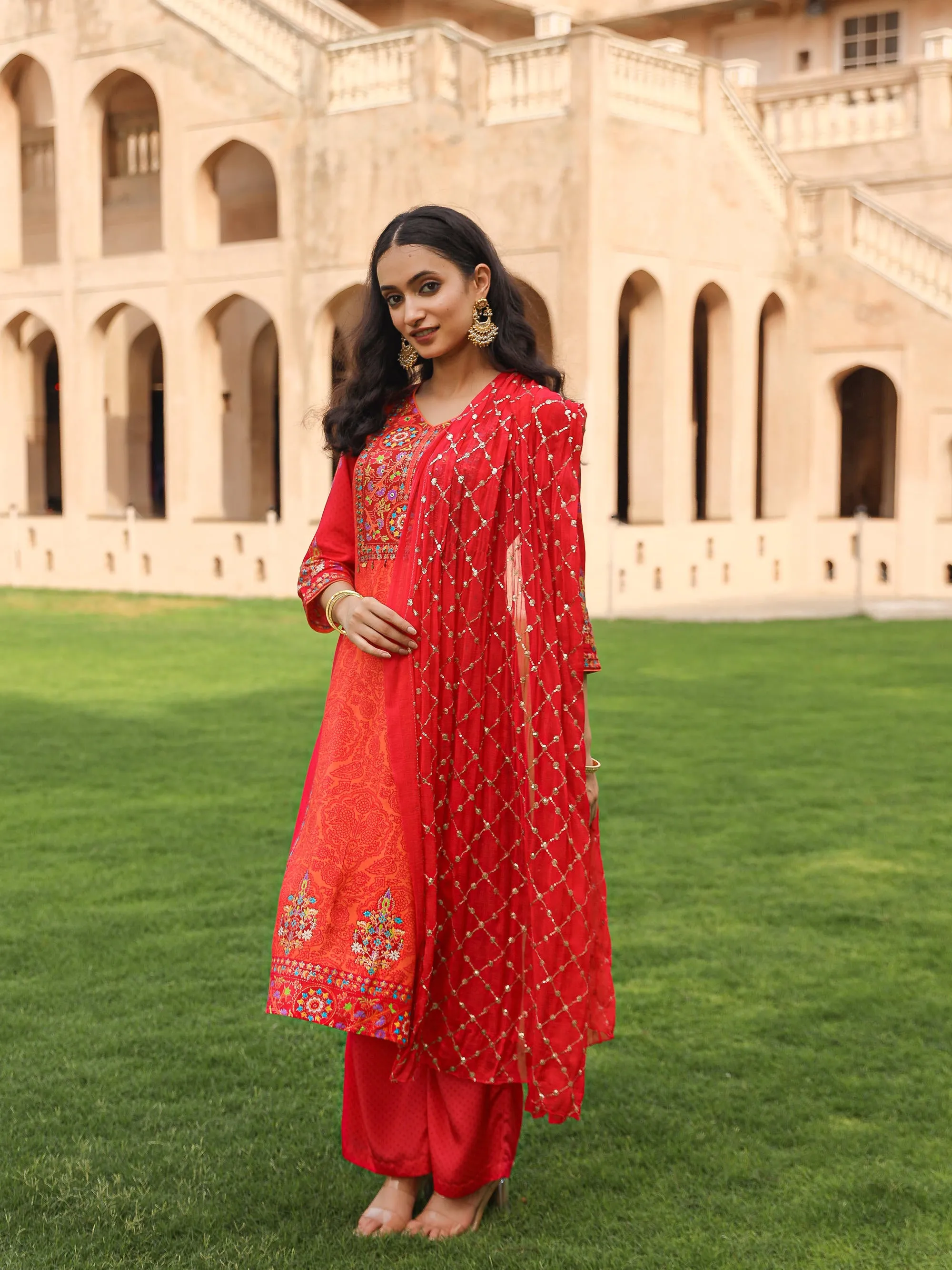 The Dholitaro Orange Floral Printed Viscose Kurta Pant And Dupatta With Thread& Sequins Work And Coins