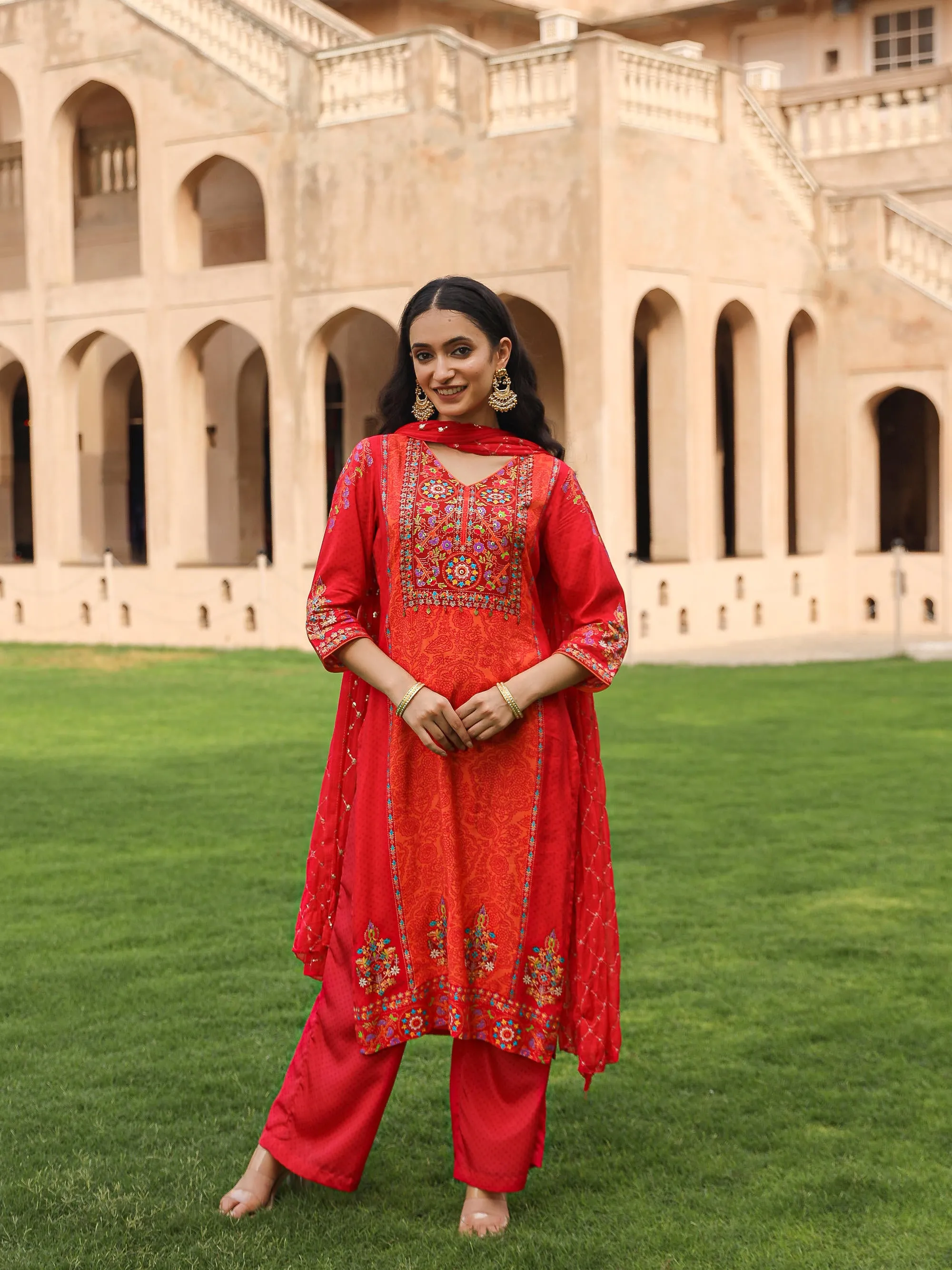 The Dholitaro Orange Floral Printed Viscose Kurta Pant And Dupatta With Thread& Sequins Work And Coins