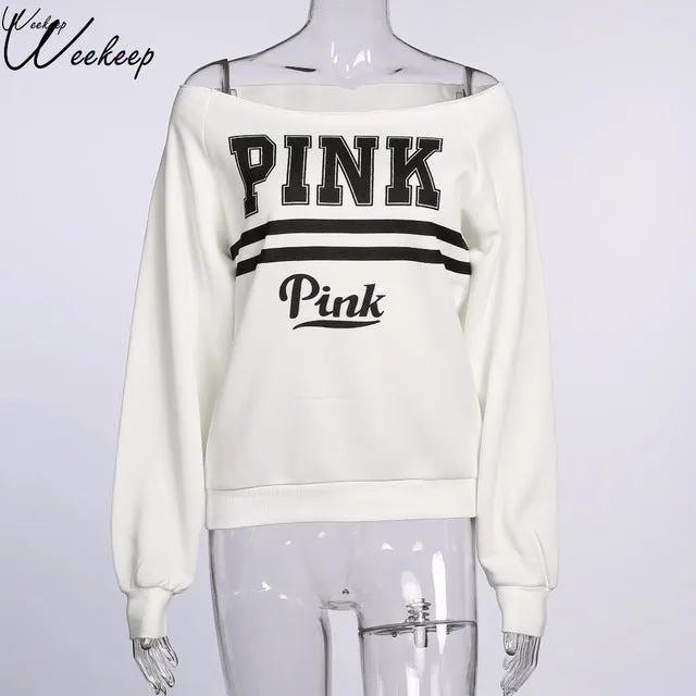 Weekeep 2017 Women Fashion Brand Hoodie Pink Letter Print Sweatshirt Knitted Long Sleeve Pullovers Polerones Mujer Harajuku Tops