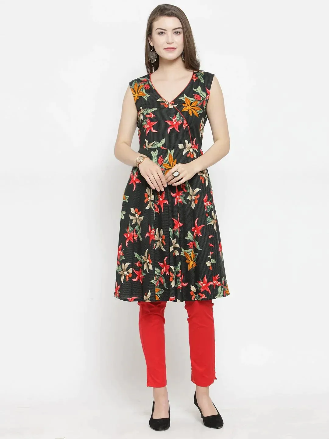 Women Black & Red Floral Printed Rayon A-Line Kurta