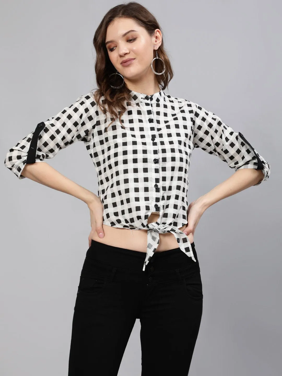 Women Black & White Checked Printed Top