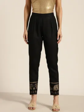 Women Black Elephant Border Foil Print Pencil Pants