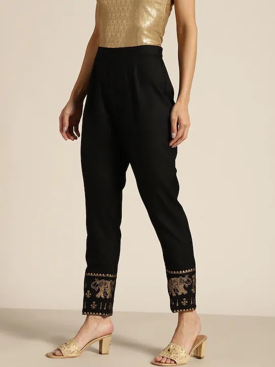 Women Black Elephant Border Foil Print Pencil Pants