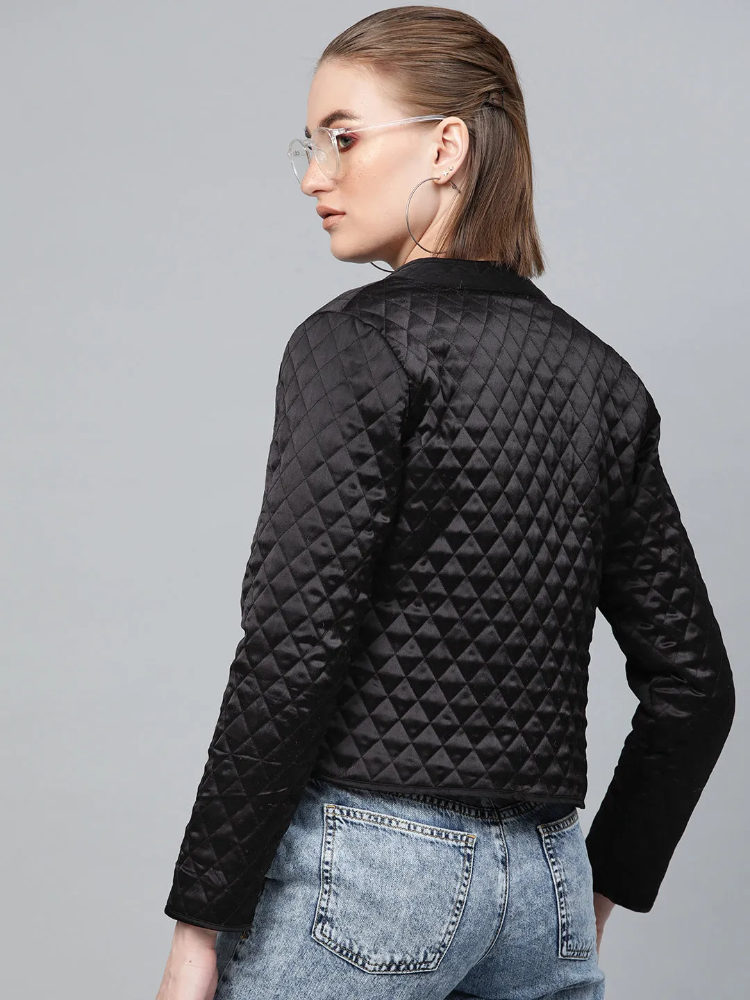 Women Black Front Open Quilted Jacket