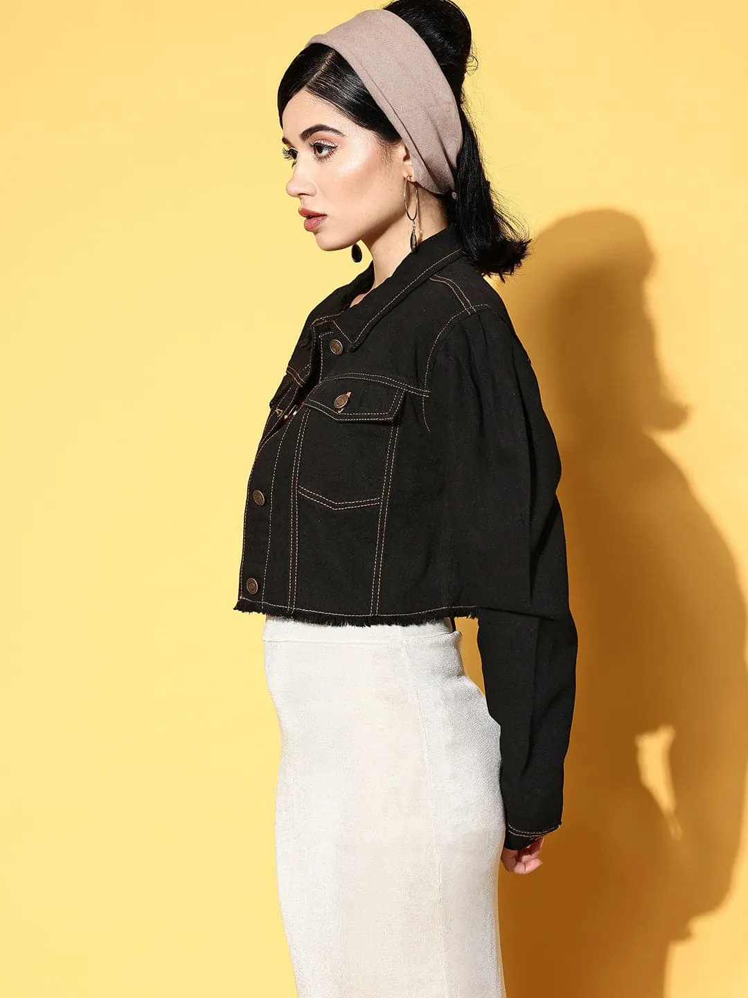 Women Black Raw Hem Denim Crop Jacket