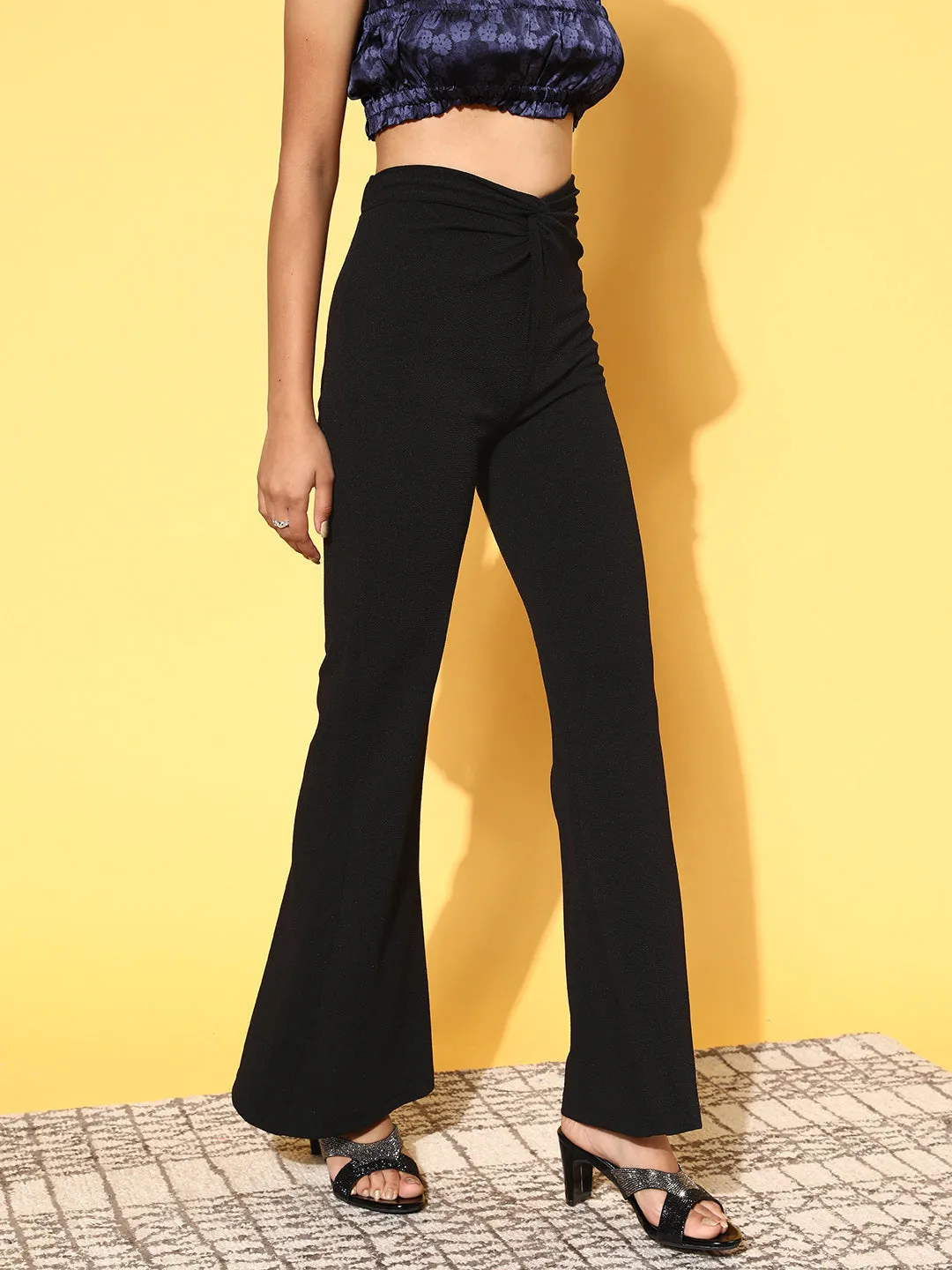 Women Black Twisted Bell Bottom Pants