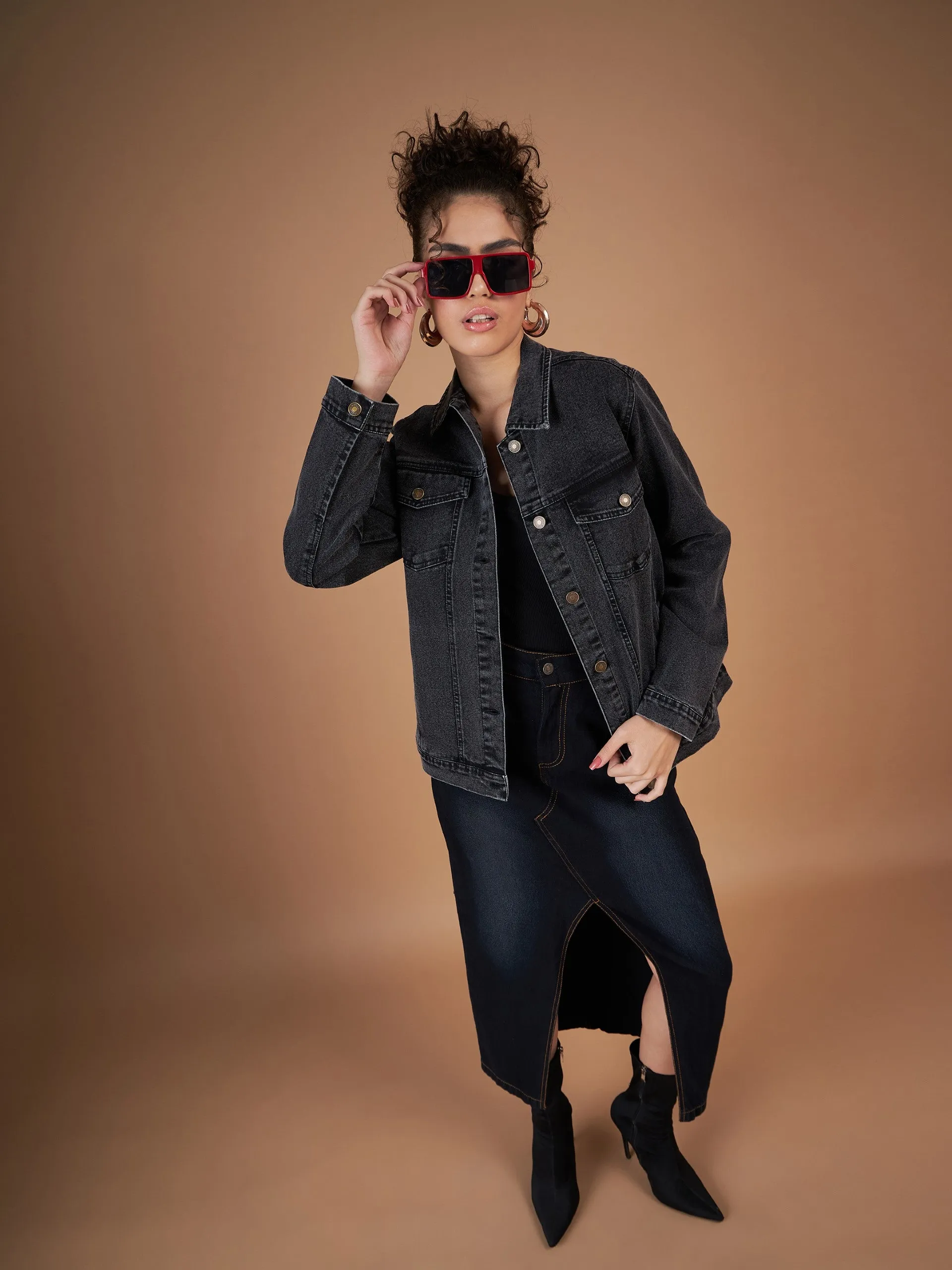 Women Black Washed Denim Oversized Jacket