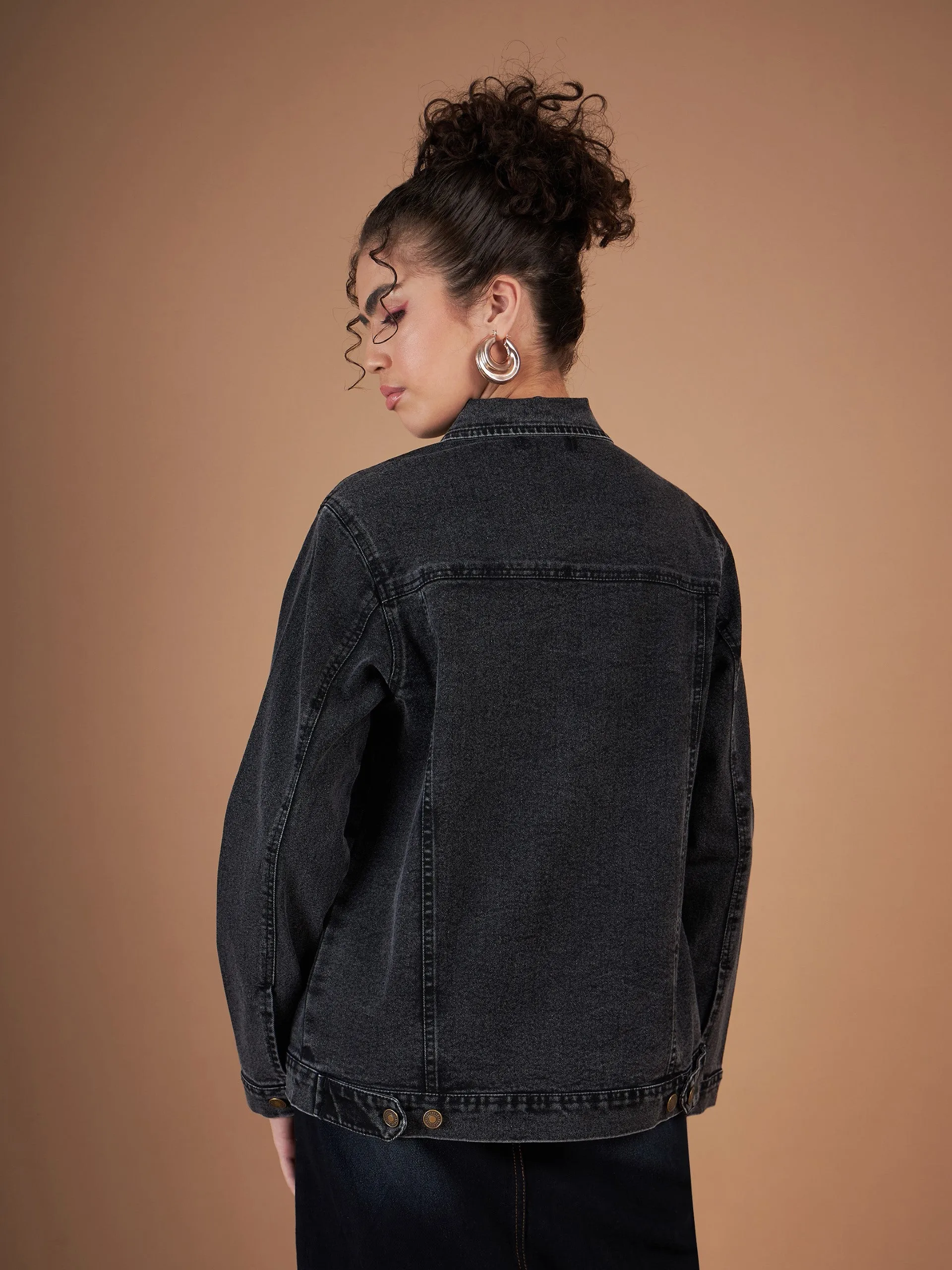 Women Black Washed Denim Oversized Jacket