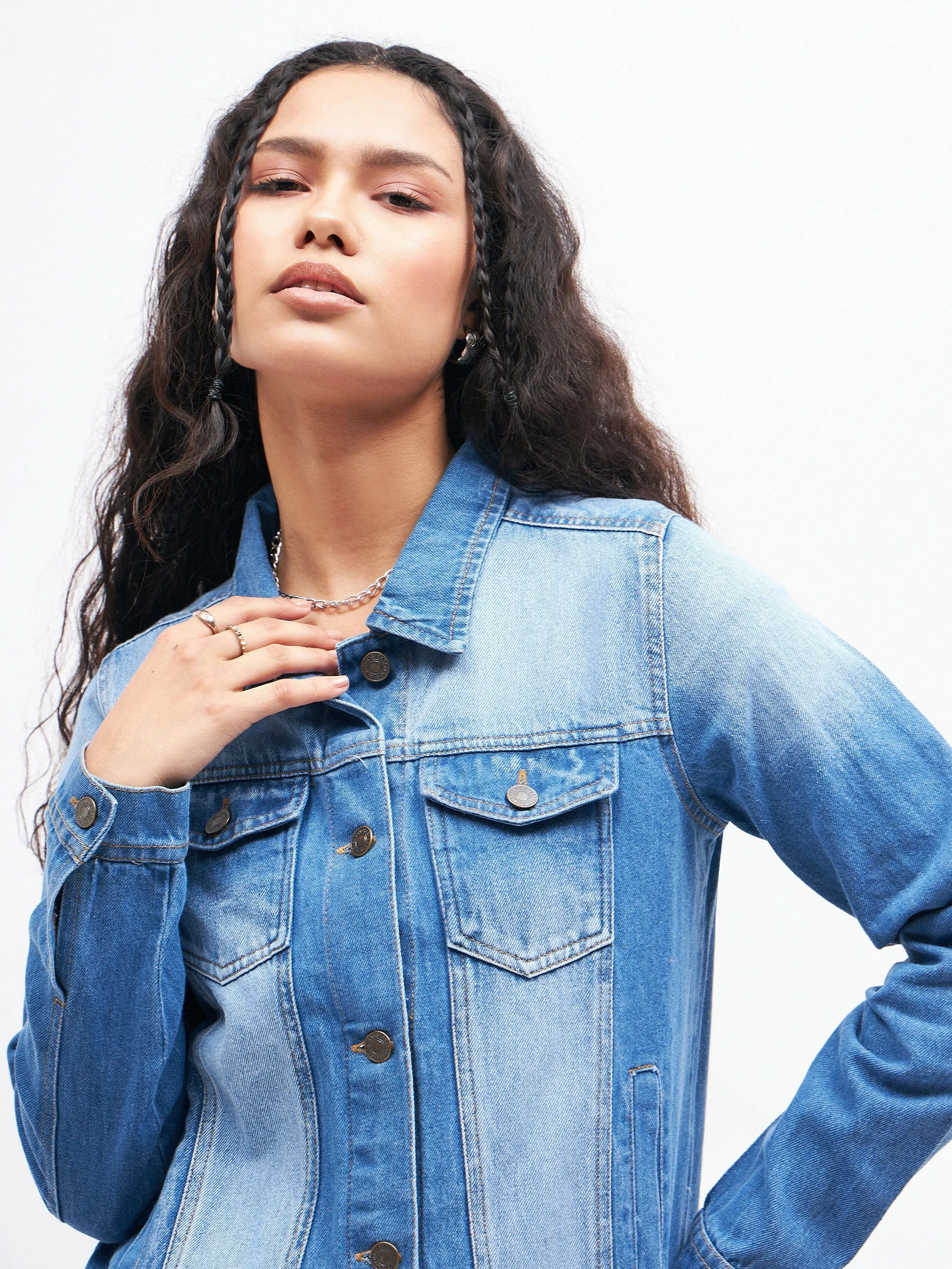 Women Blue Basic Denim Regular Jacket