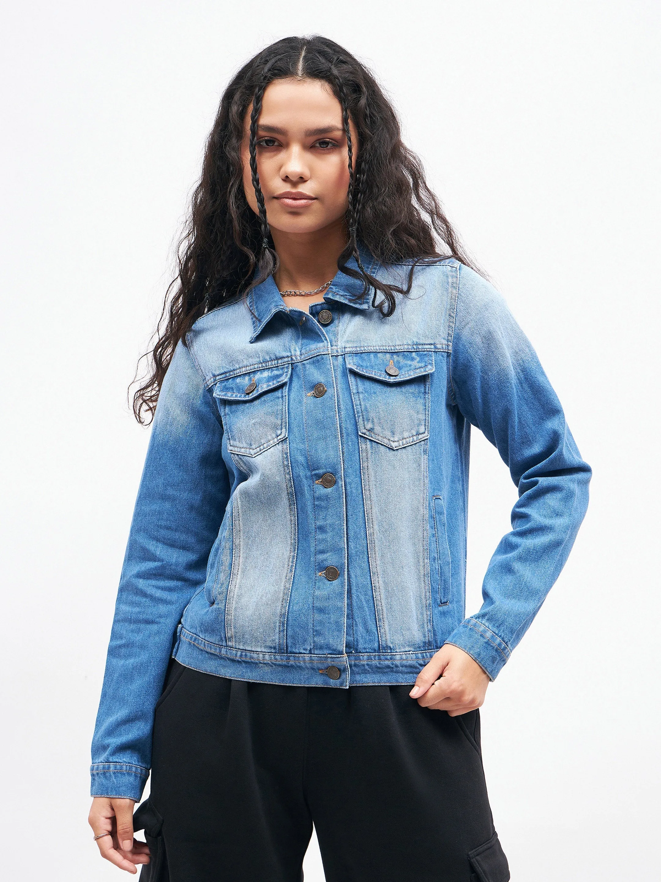 Women Blue Basic Denim Regular Jacket