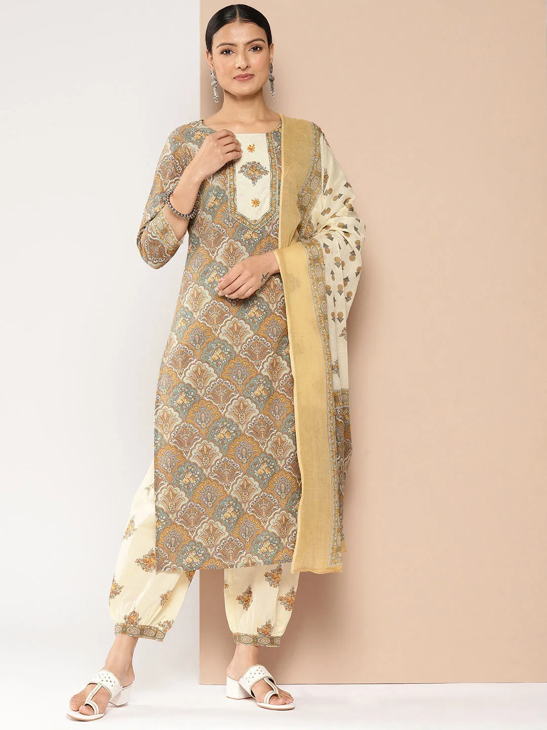 Women Brown Pure Cotton Kurta Set With Dupatta