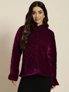 Women Burgundy Velvet Full Sleeve Quilted Jacket