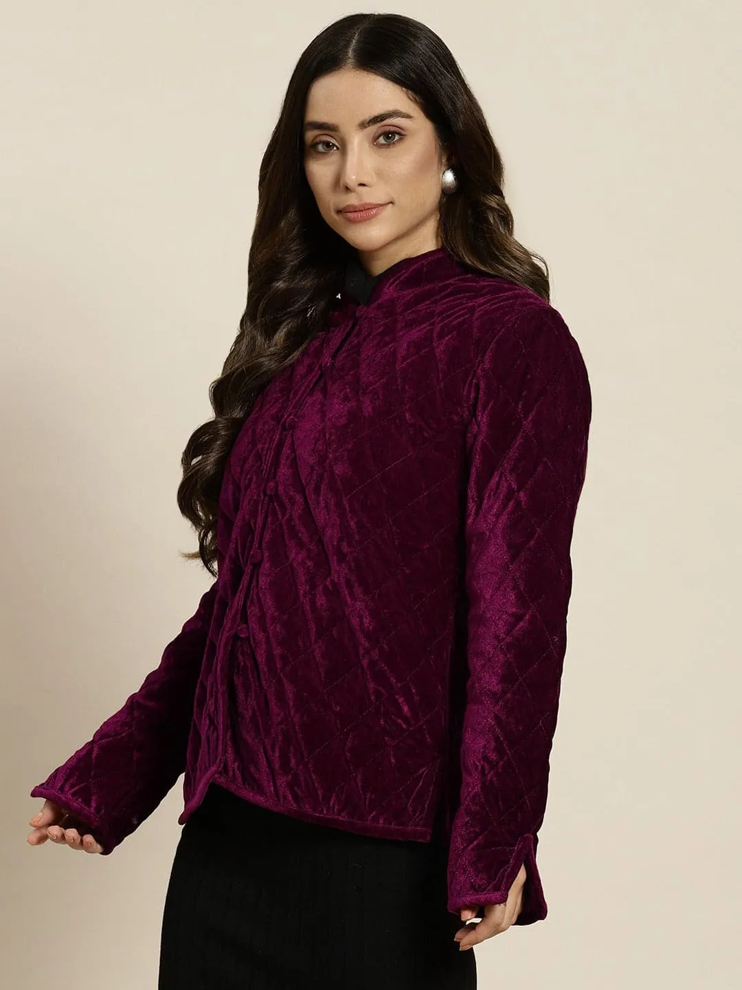 Women Burgundy Velvet Full Sleeve Quilted Jacket