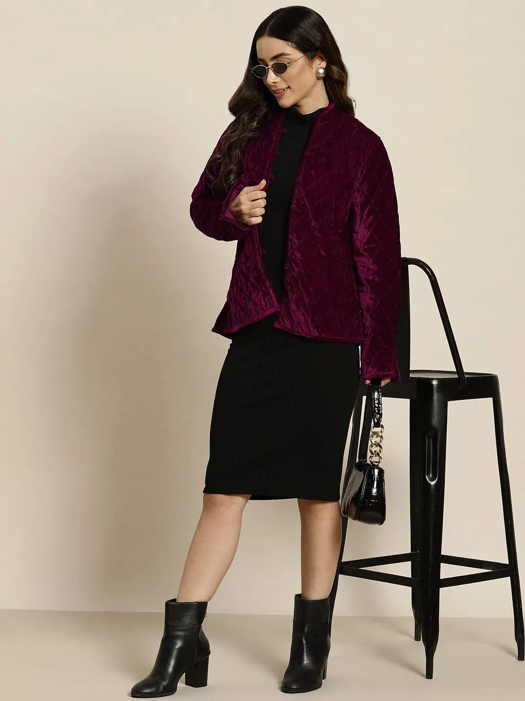 Women Burgundy Velvet Full Sleeve Quilted Jacket