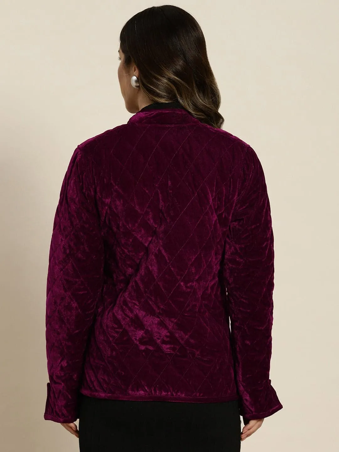 Women Burgundy Velvet Full Sleeve Quilted Jacket