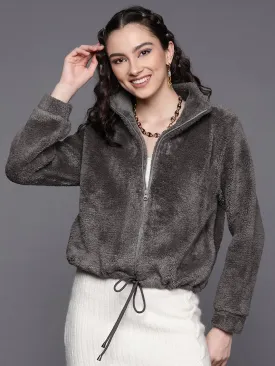 Women Charcoal Faux Fur Front Zipper Crop Jacket