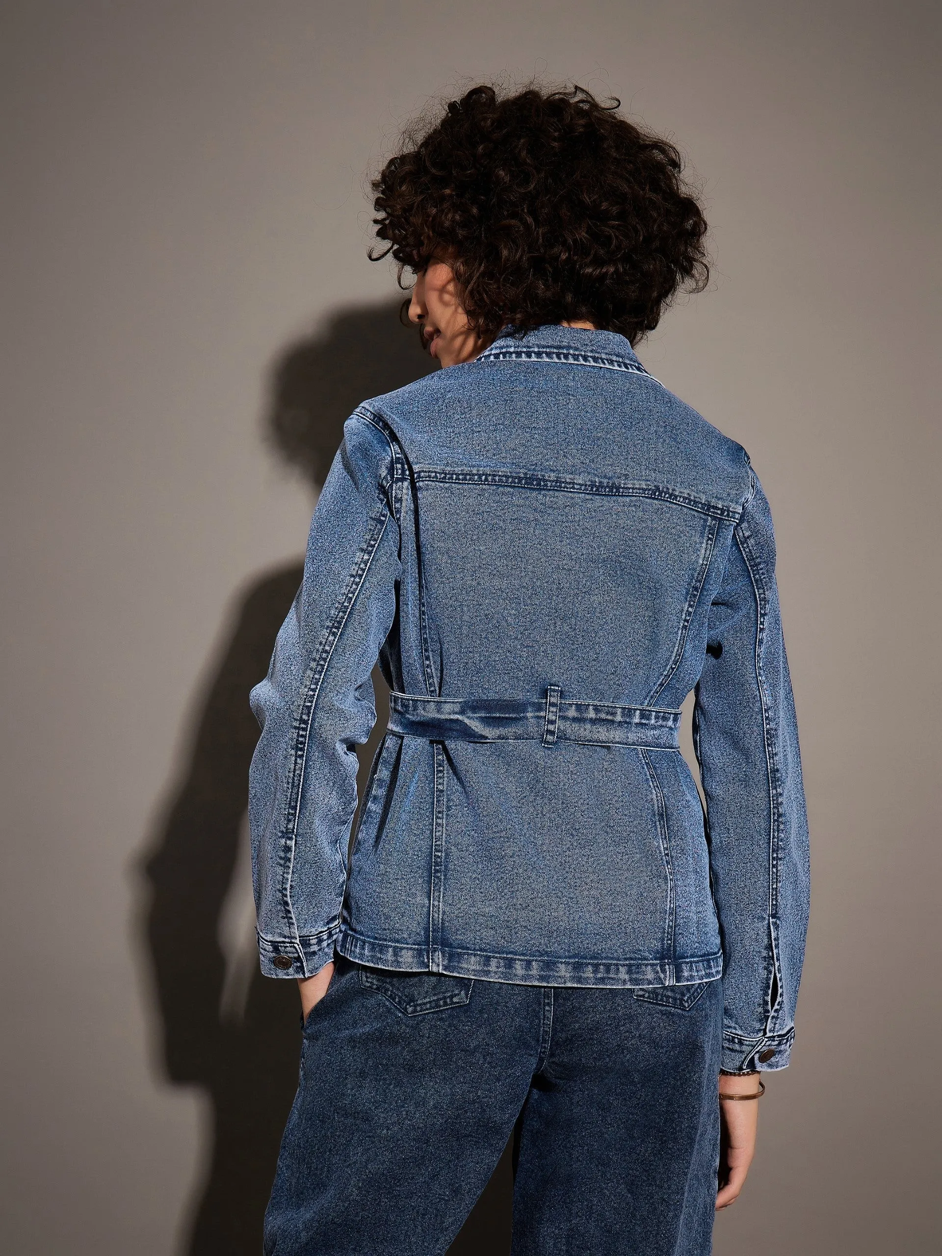 Women Classic Blue Denim Belted Jacket