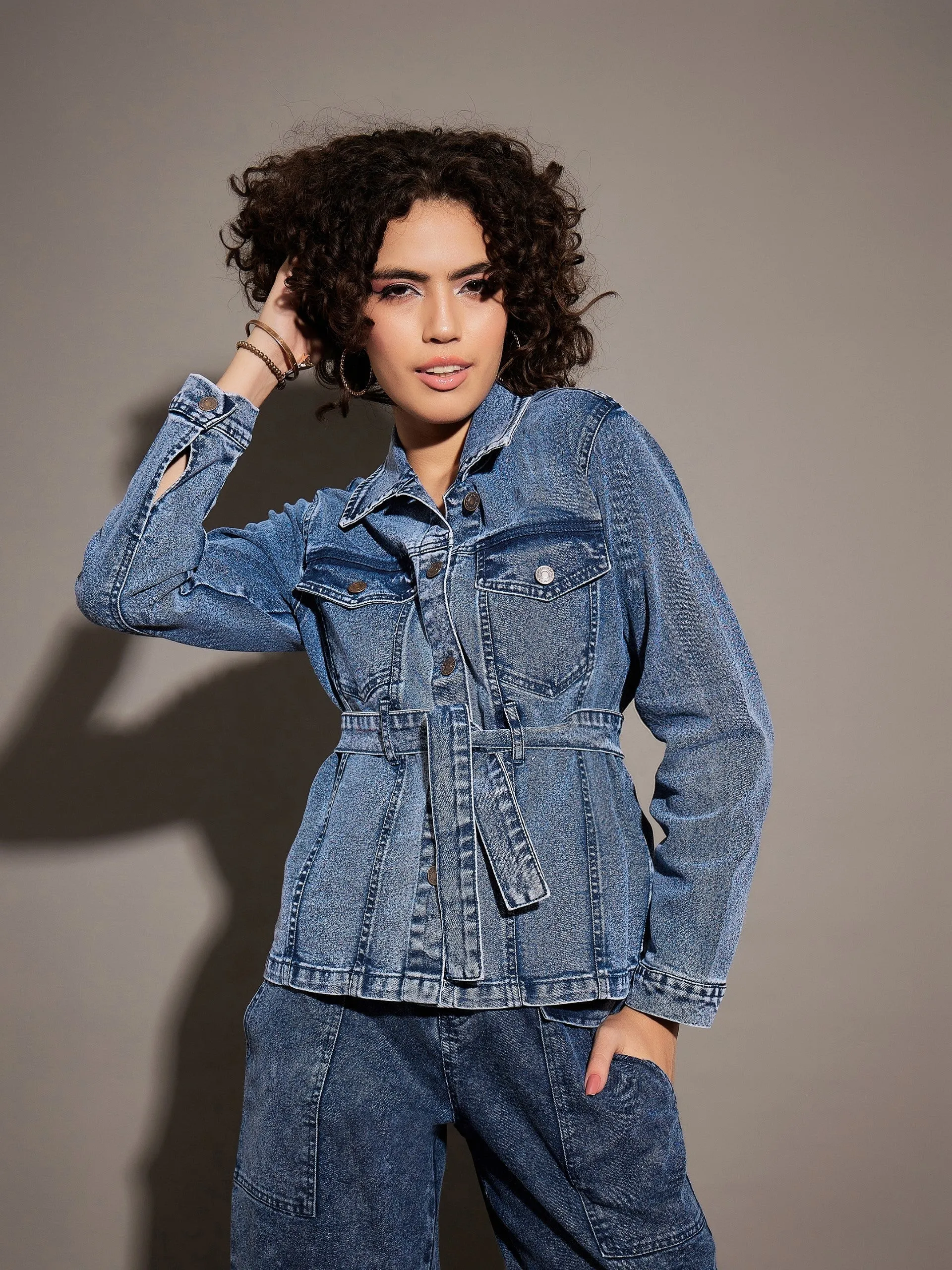 Women Classic Blue Denim Belted Jacket