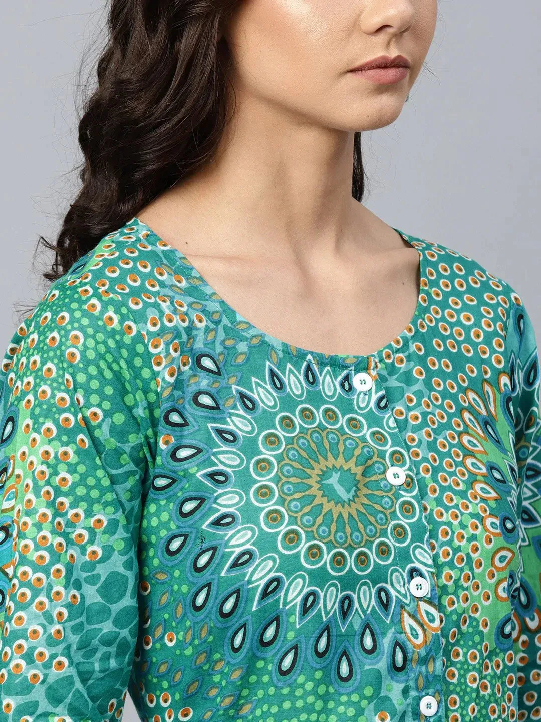 Women Green & White Printed Flared Kurta