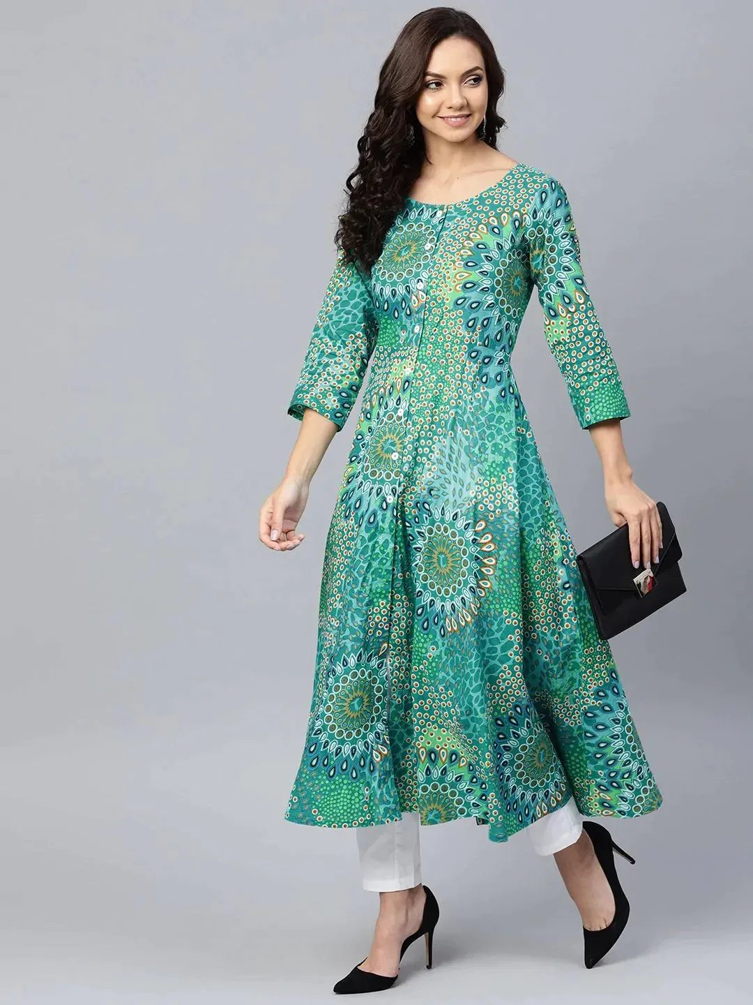 Women Green & White Printed Flared Kurta